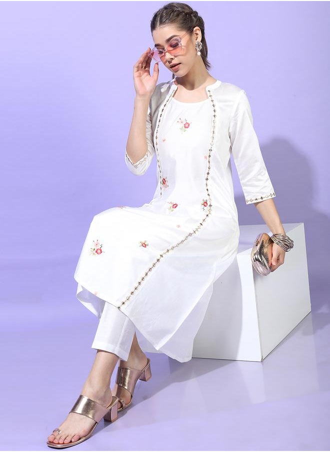 Vishudh Women White Embroidered Kurta Set with Trousers by Styli  - Image 1