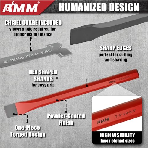 AMM طقم مثقاب ومطرقة ثقيل 28 قطعة AMM، بما في ذلك مثقاب مدبب، مطارق باردة، مثقاب دبابيس ومثقاب مركزي، Cr-V، مثالي للعمل مع الخشب، المعدن، السيارات، النحت، إلخ - Image 5