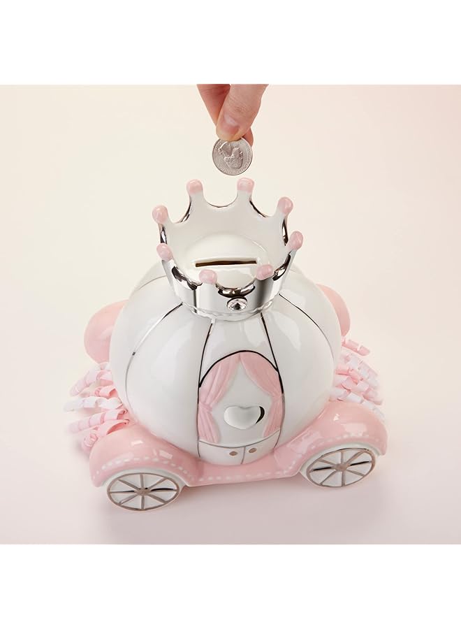 إيروريكس حصالة نقود مصنوعة من الخزف والسيراميك على شكل عربة أميرة لحفل استقبال المولود أو ديكور غرفة الطفلة باللون الوردي الفضي والأبيض - Image 3