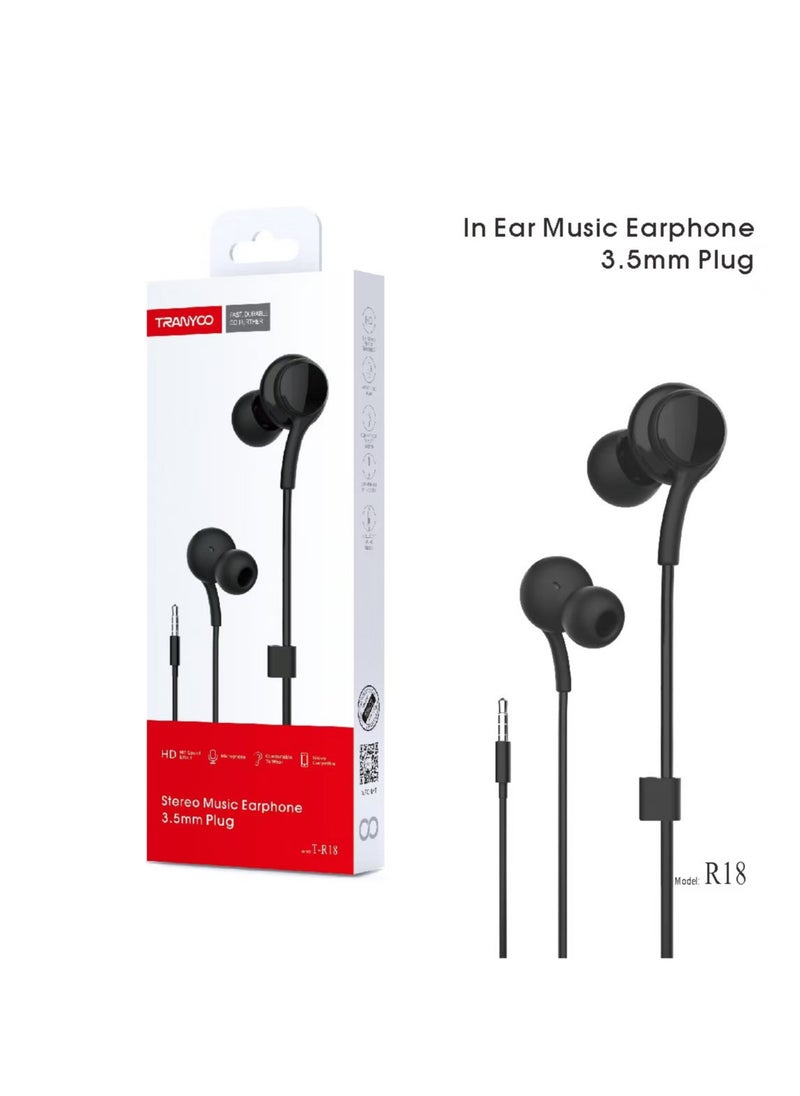 TRANYOO - TRANYOO T- R18 Wired In-Ear Earphones with Microphone - Black Headphones Headset - Image 1