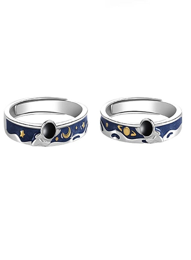 OIDIMS Cute Astronaut Couples Rings for Him and Her Matching Promise Engagement Wedding Blue Statement Open Band Sets Planet Star Moom Jewelry Gift for Valentine's Day Anniversary - Image 1
