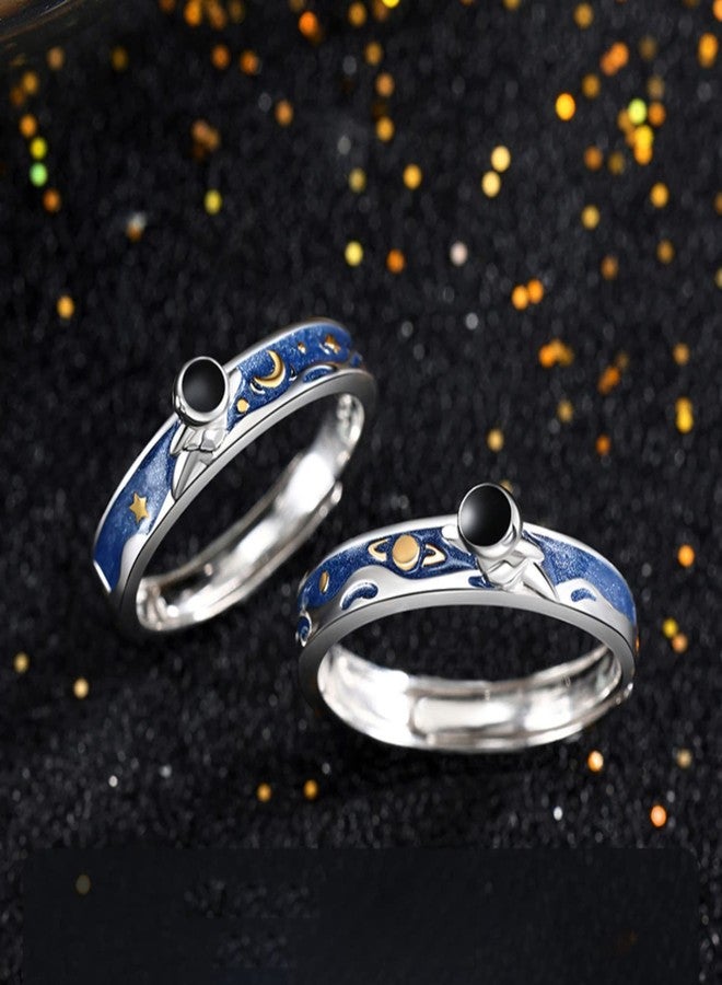 OIDIMS Cute Astronaut Couples Rings for Him and Her Matching Promise Engagement Wedding Blue Statement Open Band Sets Planet Star Moom Jewelry Gift for Valentine's Day Anniversary - Image 2
