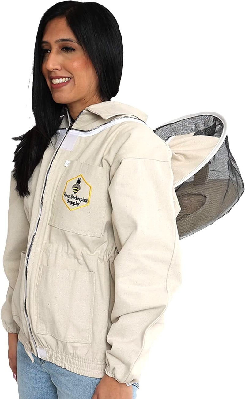 FOREST BEEKEEPING SUPPLY Bee Jacket with Veil  Natural Canvas Bee Suit Jacket with Elastic Waist  Cuffs YKK Brass Zippers 3 Utility Pockets Removable Round Hood Interchangeable with Forest Beekeeping Suit Medium 