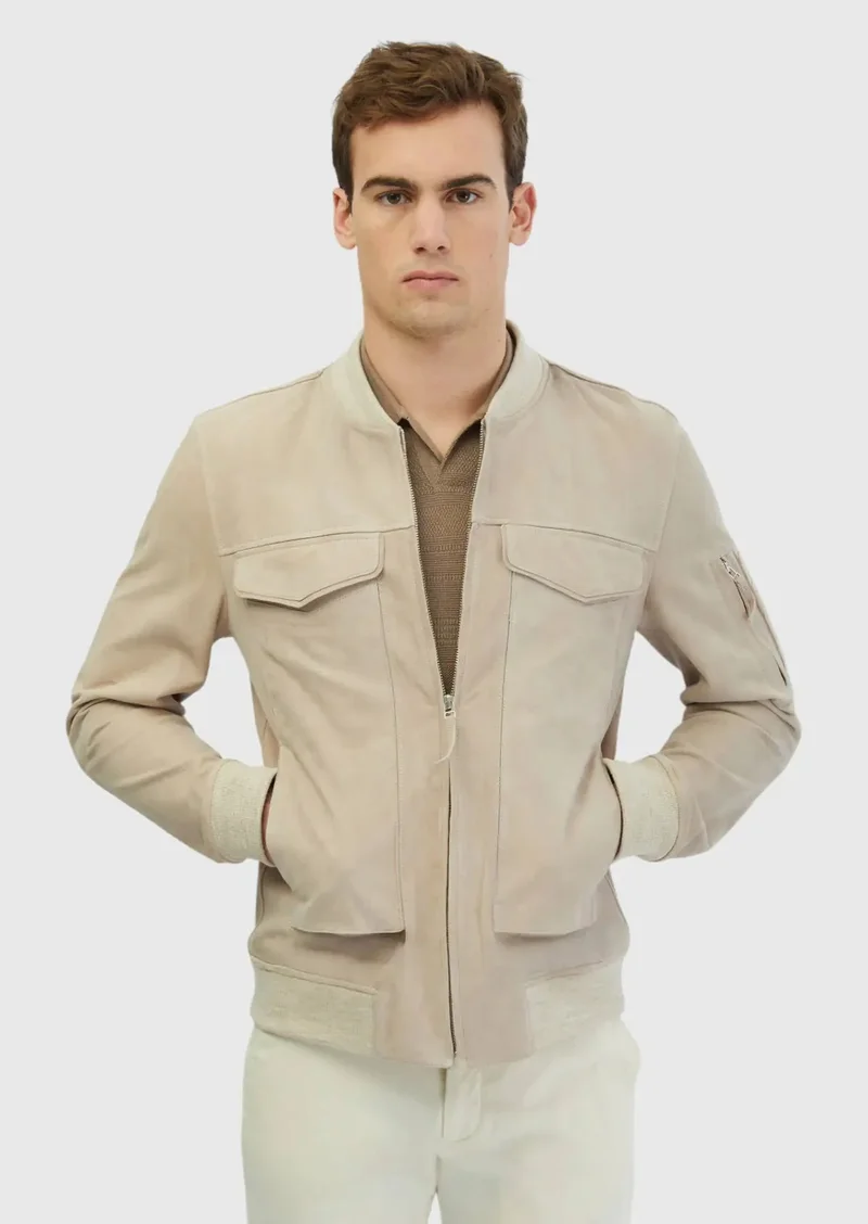 رامسي معطف جلدي بيج بياقة عالية وقصة عادية