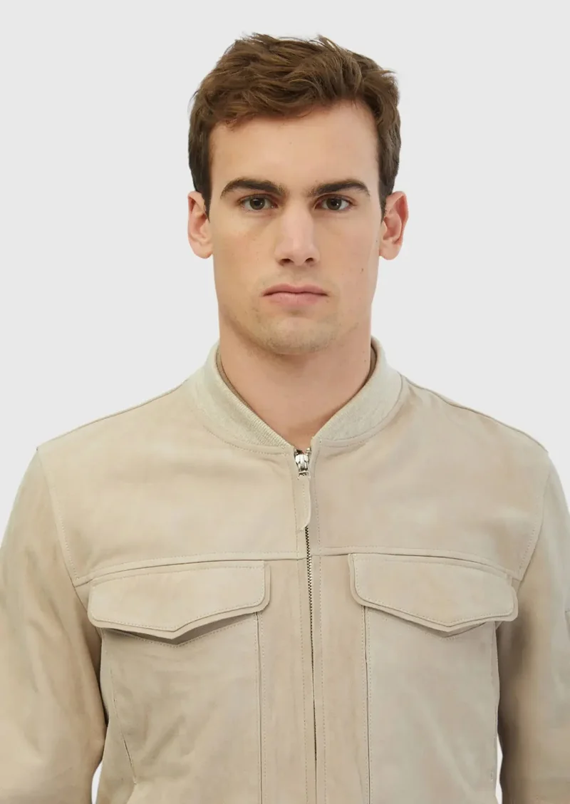 RAMSEY Beige Regular Fit Turtleneck Casual Leather Coat