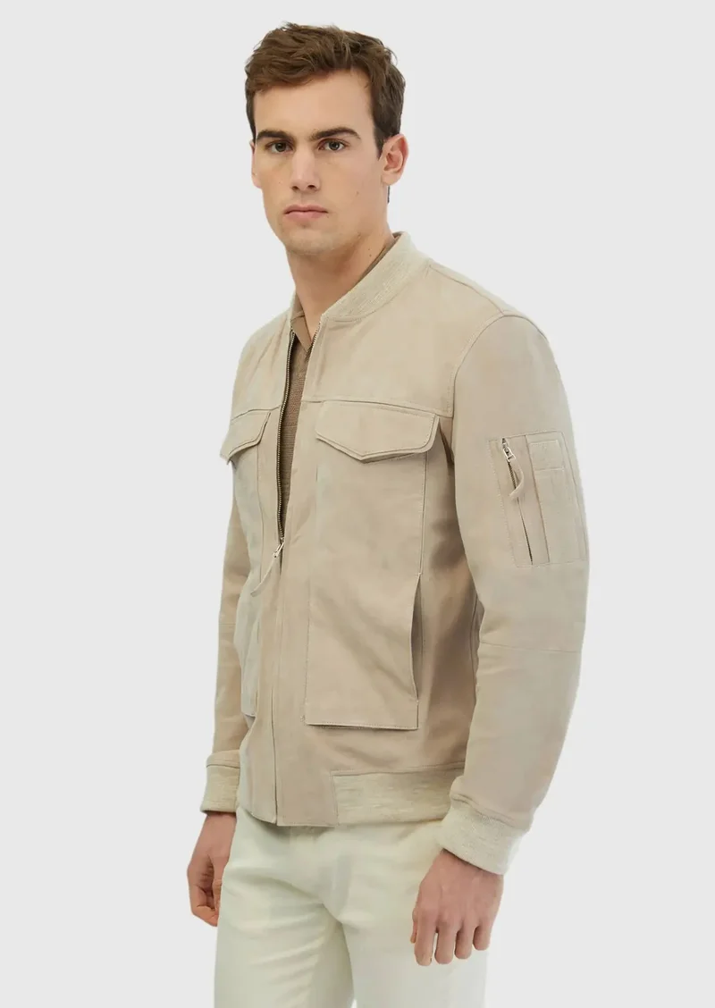 RAMSEY Beige Regular Fit Turtleneck Casual Leather Coat