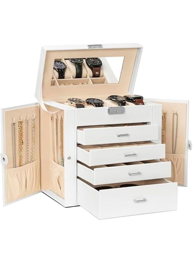 عربست اكوزلين صندوق مجوهرات من 5 طبقات من الجلد قابل للقفل مع 4 ادراج للنساء والفتيات للخواتم والقلائد والاقراط والاساور والساعات منظم مع مراة - Image 1