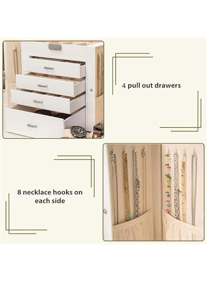 عربست اكوزلين صندوق مجوهرات من 5 طبقات من الجلد قابل للقفل مع 4 ادراج للنساء والفتيات للخواتم والقلائد والاقراط والاساور والساعات منظم مع مراة - Image 4