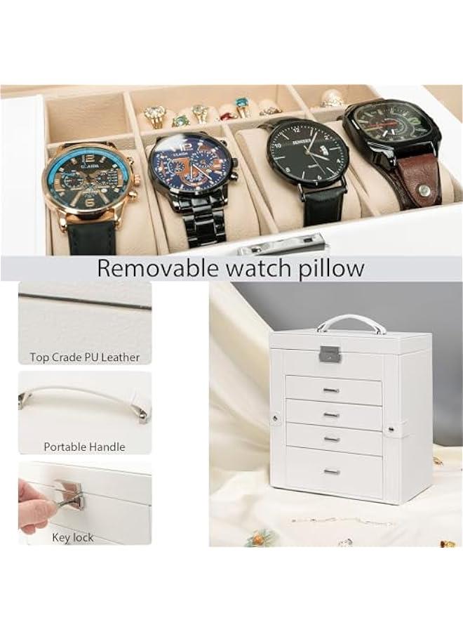 عربست اكوزلين صندوق مجوهرات من 5 طبقات من الجلد قابل للقفل مع 4 ادراج للنساء والفتيات للخواتم والقلائد والاقراط والاساور والساعات منظم مع مراة - Image 5