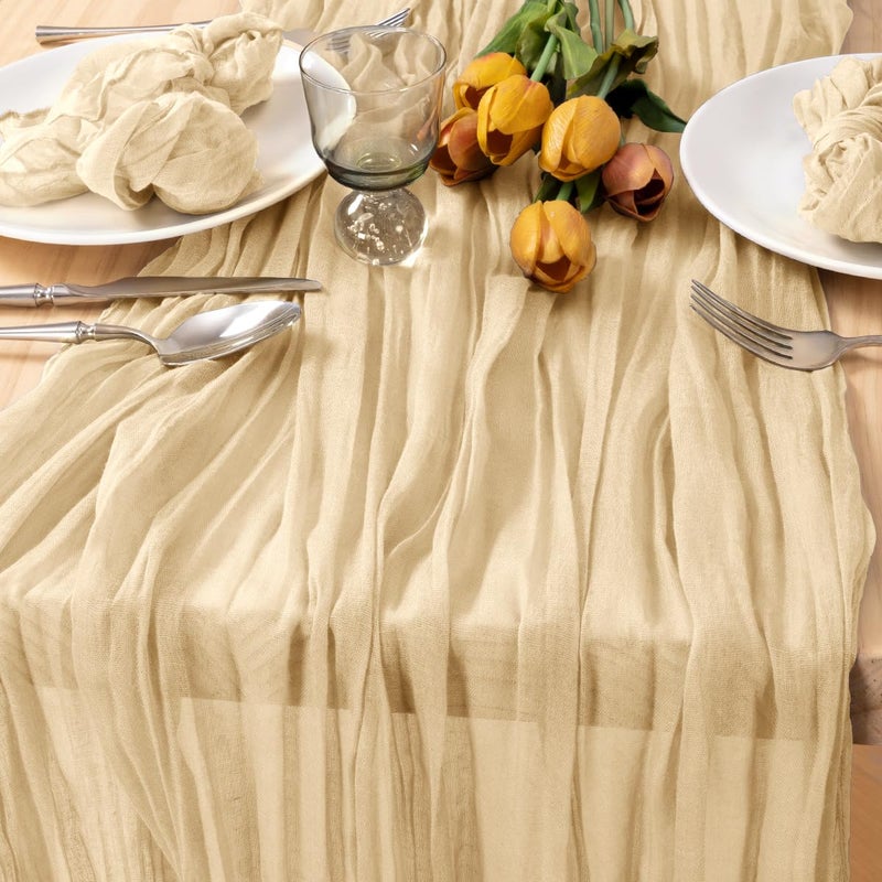 MLMC Champagne Cheesecloth Table Runner 10ft Sand Rustic Gauze Cheese Cloth Table Runner 35x120 Inches for Farmhouse Cozy Holiday Outdoor Events Home Decor