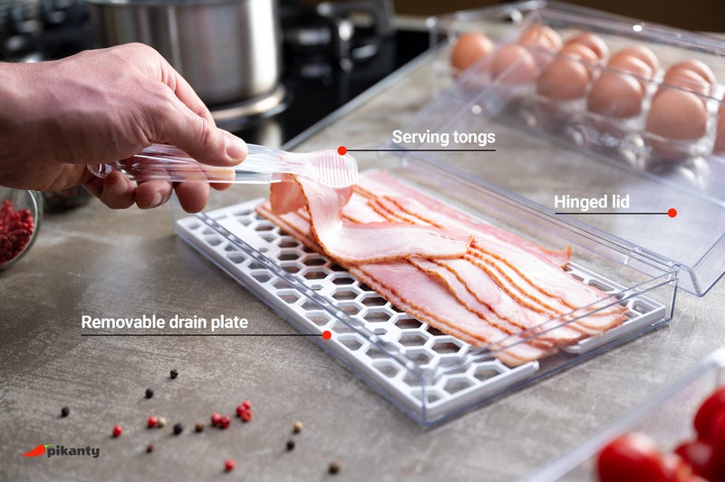 Pikanty - Bacon Container for Refrigerator | Fridge Storage and Deli Meat Keeper with Food Serving Tongs and Drain Plate | Dishwasher Safe | Made in USA - Image 4