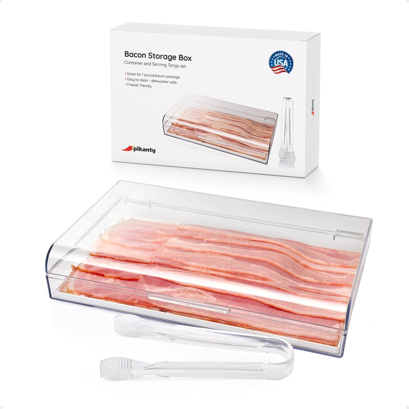 Pikanty - Bacon Container for Refrigerator | Fridge Storage and Deli Meat Keeper with Food Serving Tongs and Drain Plate | Dishwasher Safe | Made in USA - Image 1