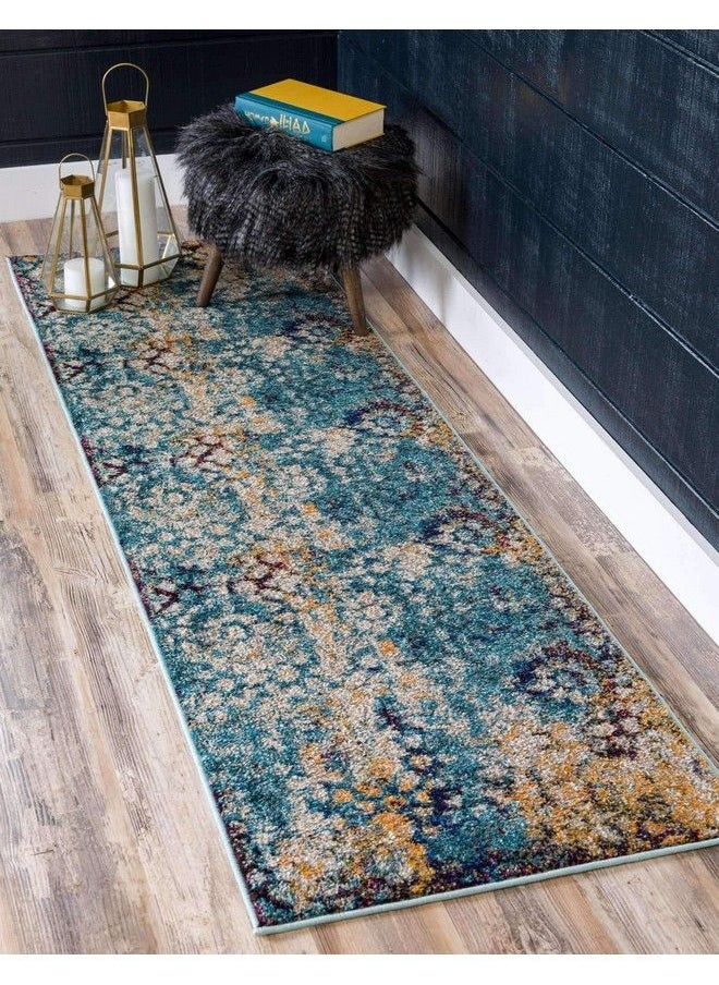 Unique Loom - Vita Collection Traditional Overdyed Saturated Floral Medallions Area Rug 2 Ft X 6 Ft 7 In Turquoise Ivory - Image 1