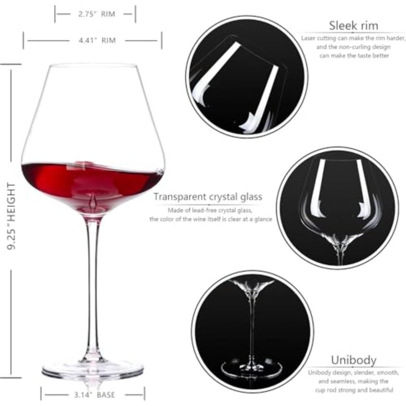 Hand Blown Red Wine Glasses Set of 6 23 oz Burgundy Wine Glasses With Long Stem Large Premium Crystal Wine Glass Unique Gift for Wedding, Anniversary, Mothers Day Clear - Image 3