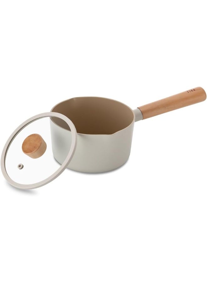 Neoflam Fika Milk Pan For Stovetops And Induction Wood Handle And Glass Lid Made In Korea 15 Cm 1.4L Cream White Cream White - Image 2