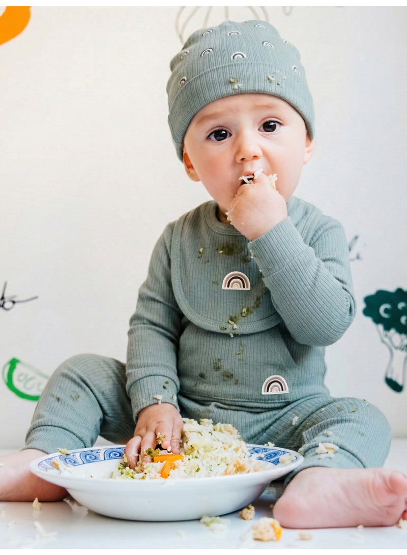 بابيز_بيسك بيبيز بيسك طقم من القطن المضلع يتضمن سليب سوت / رومبر مع قبعة ومريلة - Image 3