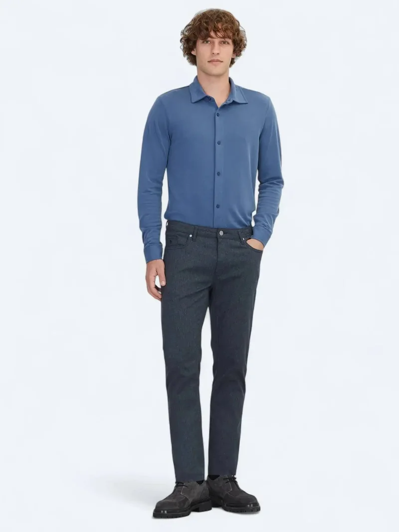 Kip Navy Blue Weaving Regular Fit Casual Cotton Blended Trousers