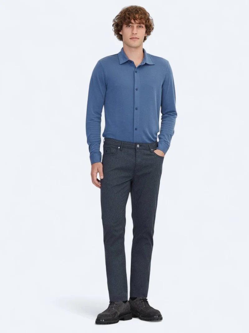 Kip Navy Blue Weaving Regular Fit Casual Cotton Blended Trousers