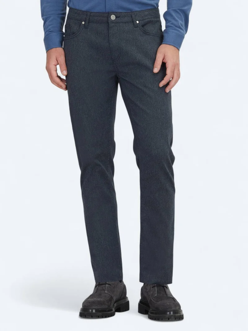 Kip Navy Blue Weaving Regular Fit Casual Cotton Blended Trousers