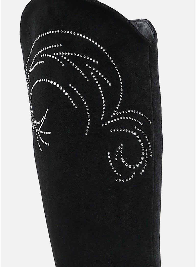 London Rag Rhinestone Patterned Calf Boots in Black - Image 4