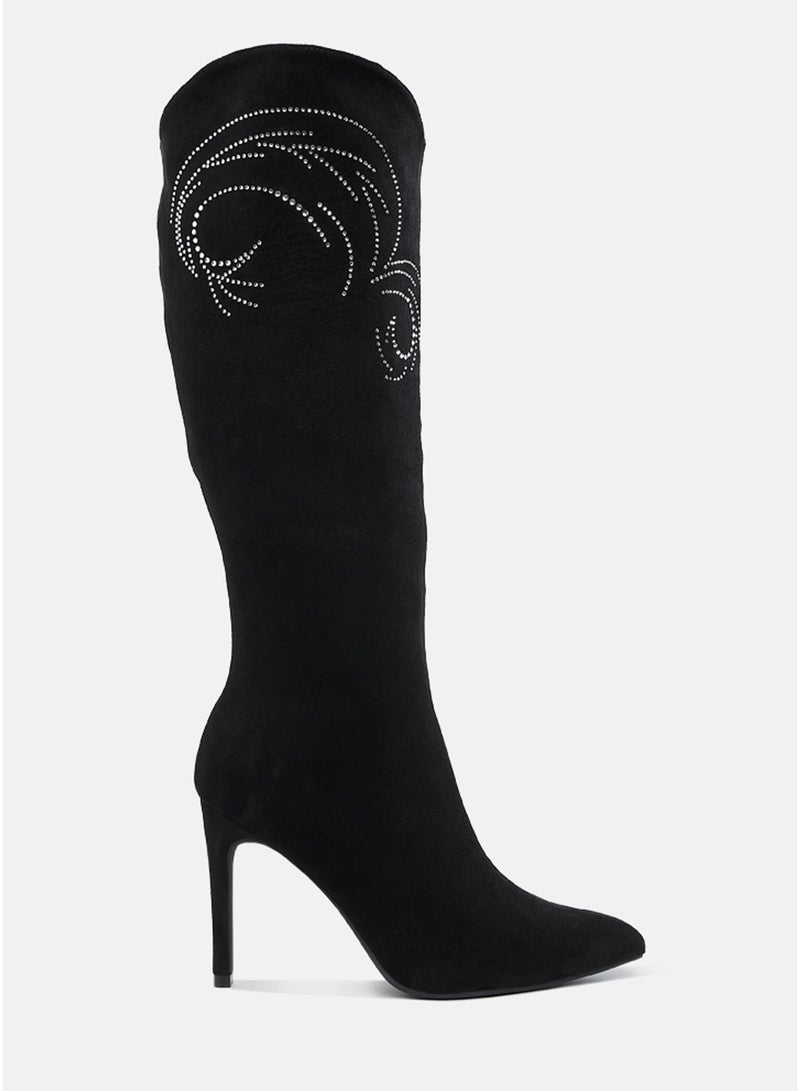 London Rag Rhinestone Patterned Calf Boots in Black - Image 1