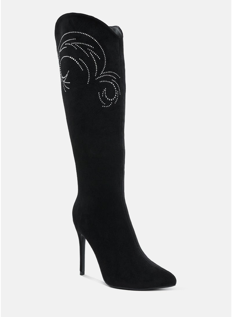 London Rag Rhinestone Patterned Calf Boots in Black - Image 2
