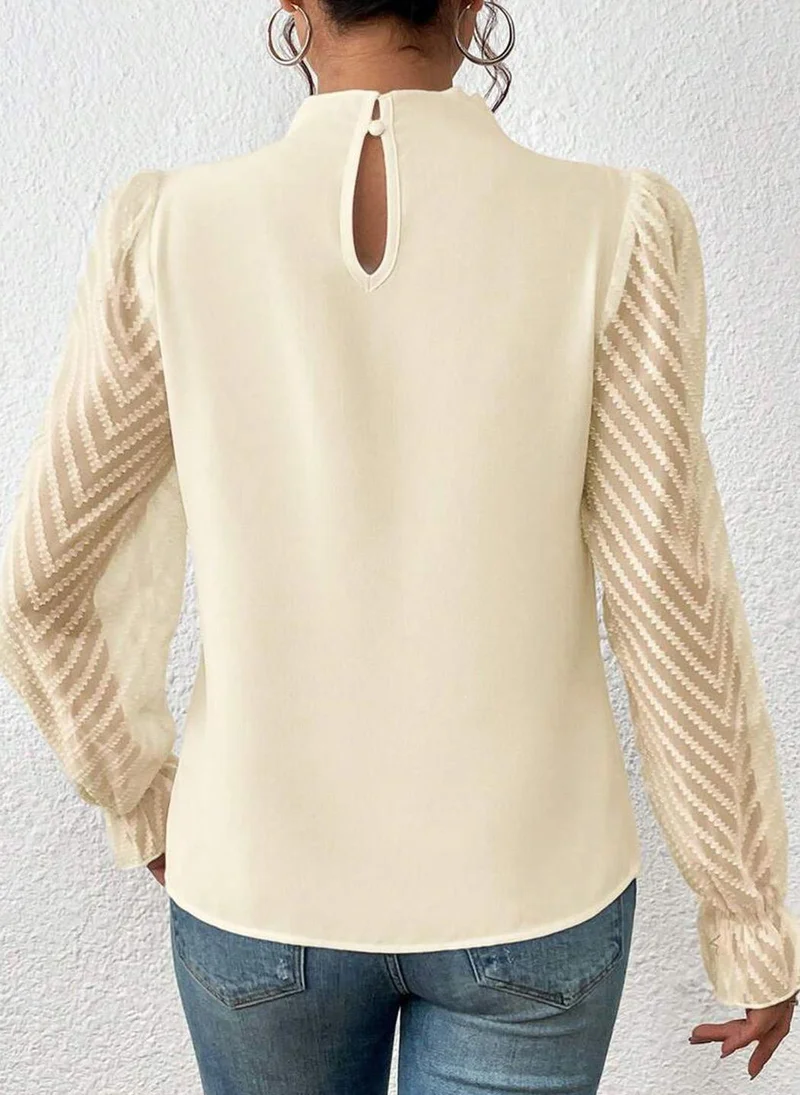 يونيكي Cream High Neck Long Sleeves Solid Top