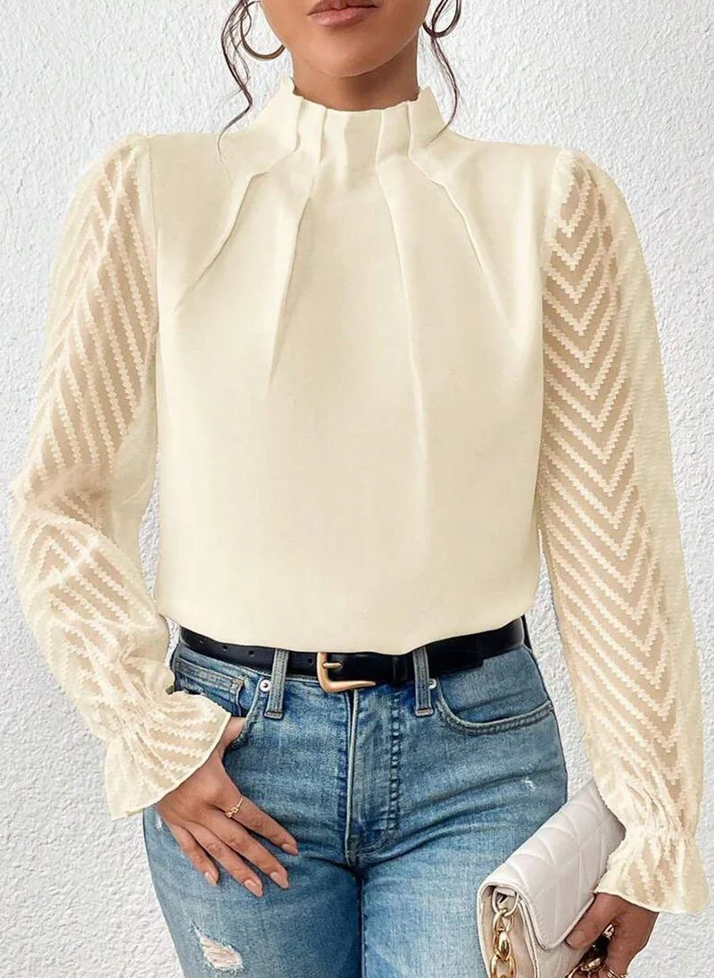 يونيكي Cream High Neck Long Sleeves Solid Top