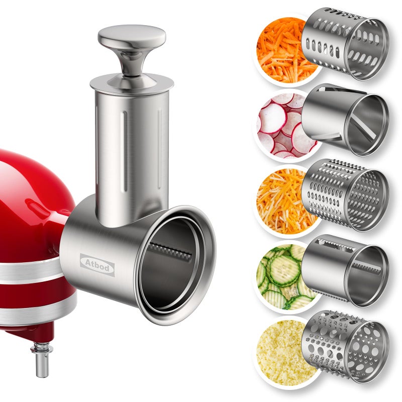 Atbod Stainless Steel Slicer Shredder Attachment for KitchenAid Stand Mixer, Cheese Grater Attachment for KitchenAid with 5 Blades, Dishwasher Safe - Image 1