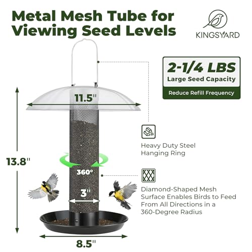 Kingsyard Finch Bird Feeder for Outdoors Hanging Metal Mesh Tube Bird Feeders for Thistle Nyjer Seed Large Removable Tray Rainproof Dome 25 lbs Seed Capacity Black - Image 3