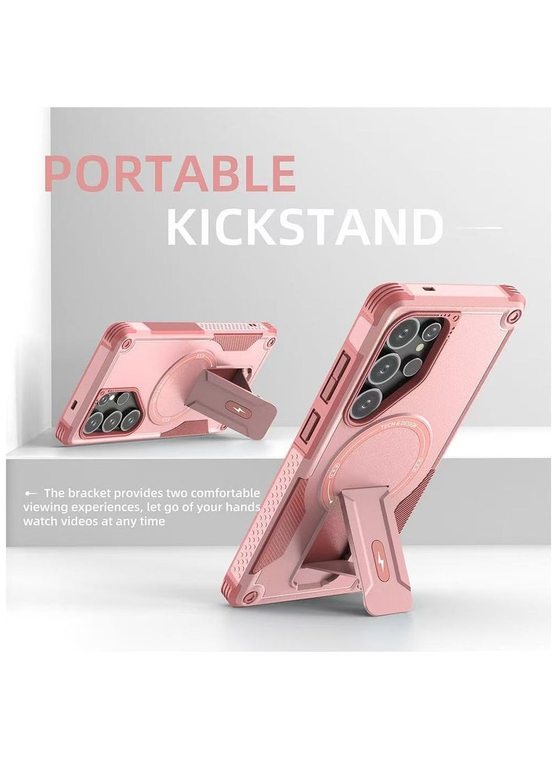 ICARLUS For Samsung Galaxy S25 Ultra with Kickstand Compatible with MagSafe Dual Laye Drop Proof Phone Case Stand Pink - Image 3