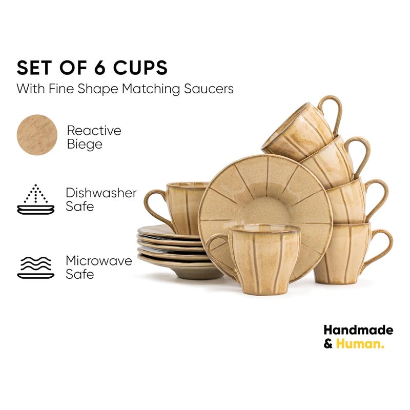 Shay Ceramic Cup and Saucer Set of 6 Beige Reactive 180ml Cup Saucer Set 6 Cups and 6 Saucers Glossy Finish Tea Set Ceramic Tea Cup and Saucer Set Line Cups Saucers Beige Reactive - Image 2