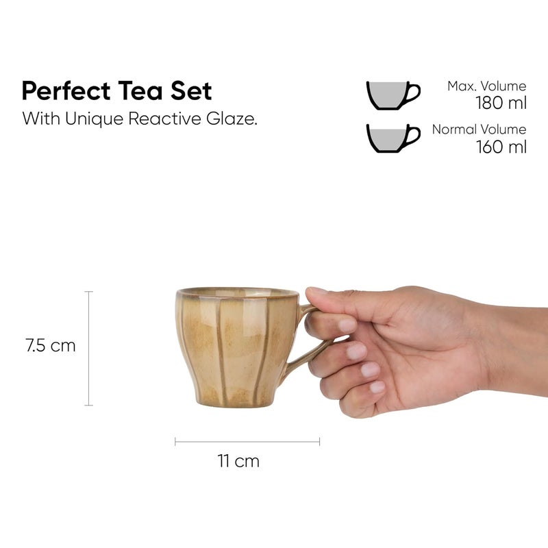 Shay Ceramic Cup and Saucer Set of 6 Beige Reactive 180ml Cup Saucer Set 6 Cups and 6 Saucers Glossy Finish Tea Set Ceramic Tea Cup and Saucer Set Line Cups Saucers Beige Reactive - Image 4