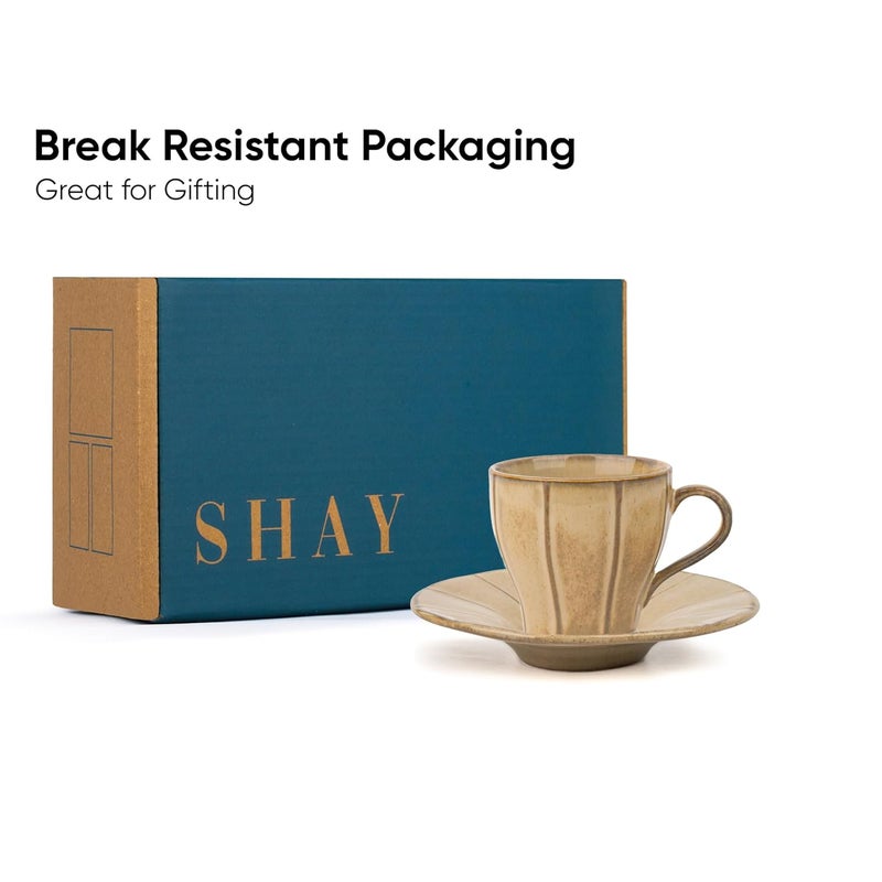 Shay Ceramic Cup and Saucer Set of 6 Beige Reactive 180ml Cup Saucer Set 6 Cups and 6 Saucers Glossy Finish Tea Set Ceramic Tea Cup and Saucer Set Line Cups Saucers Beige Reactive - Image 5