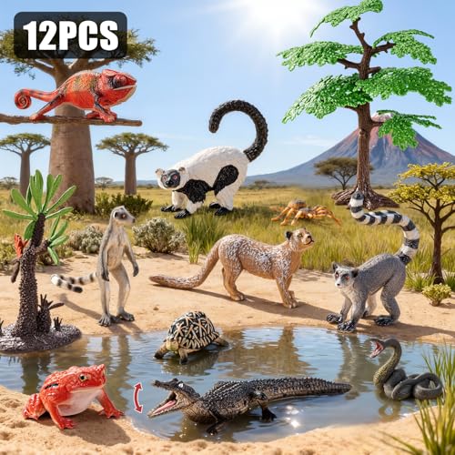 THINKBAY 12PCS Realistic Madagascar Animal Figurines Toys Plastic Animals Jungle Animals Figures Playset Lemur Chameleon Tortoise Frog Crocodile Snake with Tree Valentines Day Gifts for Kids - Image 5