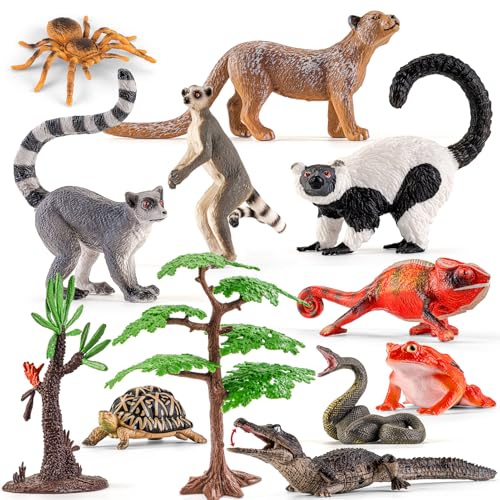 THINKBAY 12PCS Realistic Madagascar Animal Figurines Toys Plastic Animals Jungle Animals Figures Playset Lemur Chameleon Tortoise Frog Crocodile Snake with Tree Valentines Day Gifts for Kids - Image 1