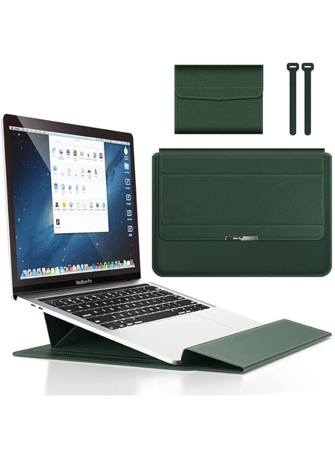 erorex Laptop Sleeve + Stand Compatible with 13-14 inch Notebook, Hcosmy Waterproof PU Leather Sleeve Bag Computer Protective Carrying Case with Support Frame (Green) - Image 1