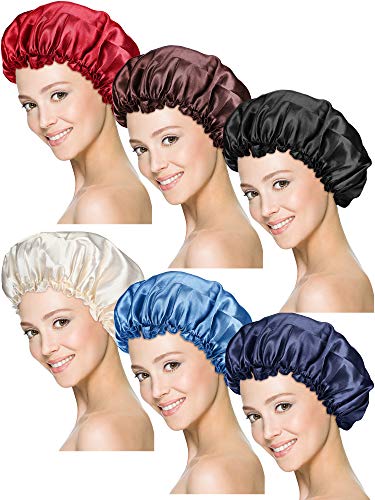 Syhood 6 Pieces Sleep Cap Satin Bonnet Sleeping Hat Soft Elastic Night Hair Cover for WomenRed Navy Blue Dark Blue Brown Black BeigeMedium