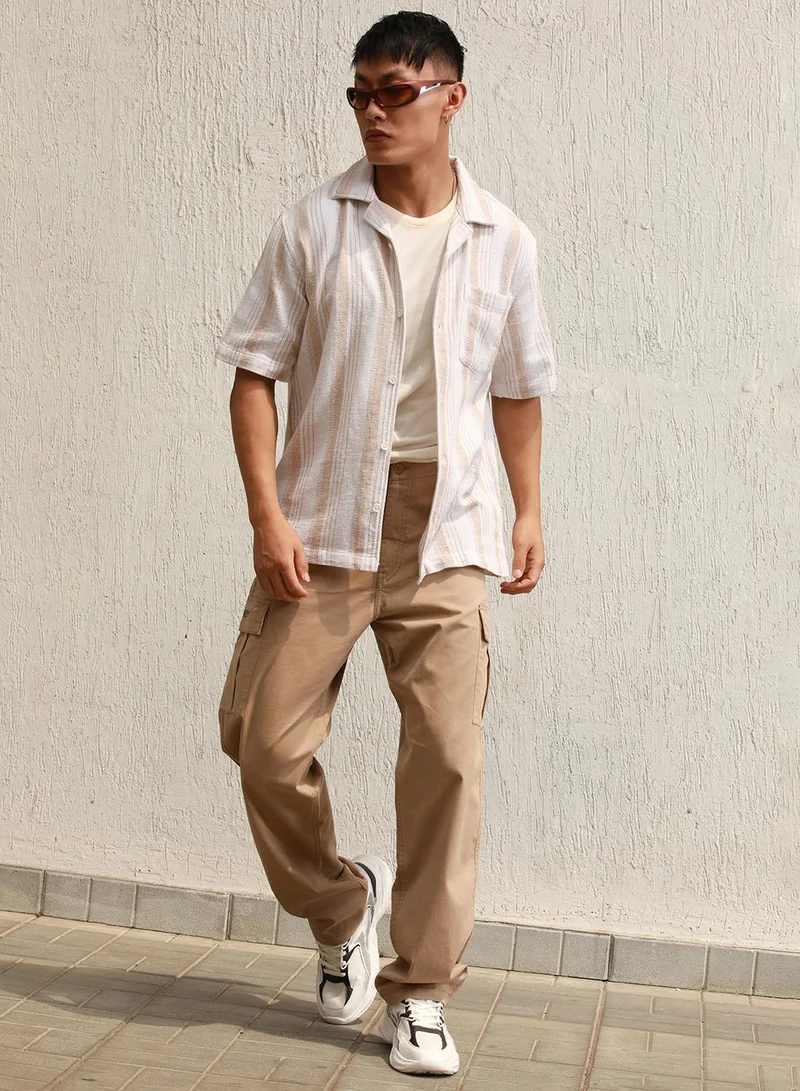 هوبرهولمي Men's Multicolour 100% Cotton Striped Button Down Regular Fit Shirt