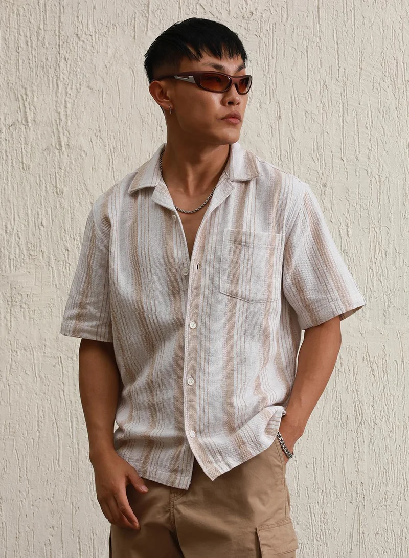 هوبرهولمي Men's Multicolour 100% Cotton Striped Button Down Regular Fit Shirt