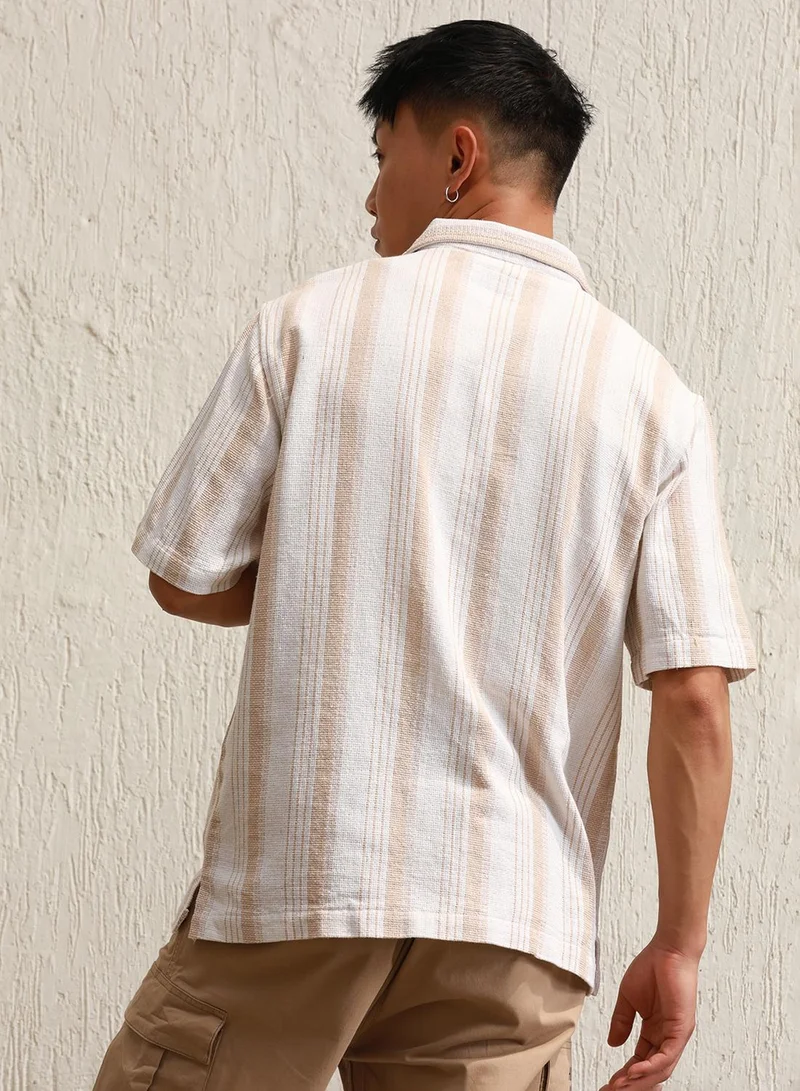 هوبرهولمي Men's Multicolour 100% Cotton Striped Button Down Regular Fit Shirt