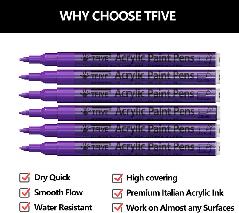 TFIVE Purple Marker Paint Pens - 6 Pack Acrylic Purple Permanent Marker, 0.7mm Extra Fine Tip Paint Pen for Art Projects, Drawing, Rock Painting, Ceramic, Glass, Wood, Plastic, Metal, Canvas DIY Crafts - Image 2