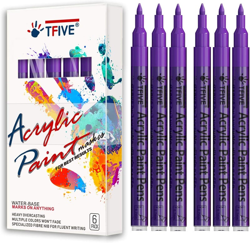 TFIVE Purple Marker Paint Pens - 6 Pack Acrylic Purple Permanent Marker, 0.7mm Extra Fine Tip Paint Pen for Art Projects, Drawing, Rock Painting, Ceramic, Glass, Wood, Plastic, Metal, Canvas DIY Crafts - Image 1