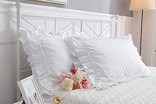 Meaning4 Meaning4 2-Pack Bright White Pillow Shams Pillowcases with Lace and Ruffles Cotton Queen Size 20"X30" Shabby Chic  - Image 1