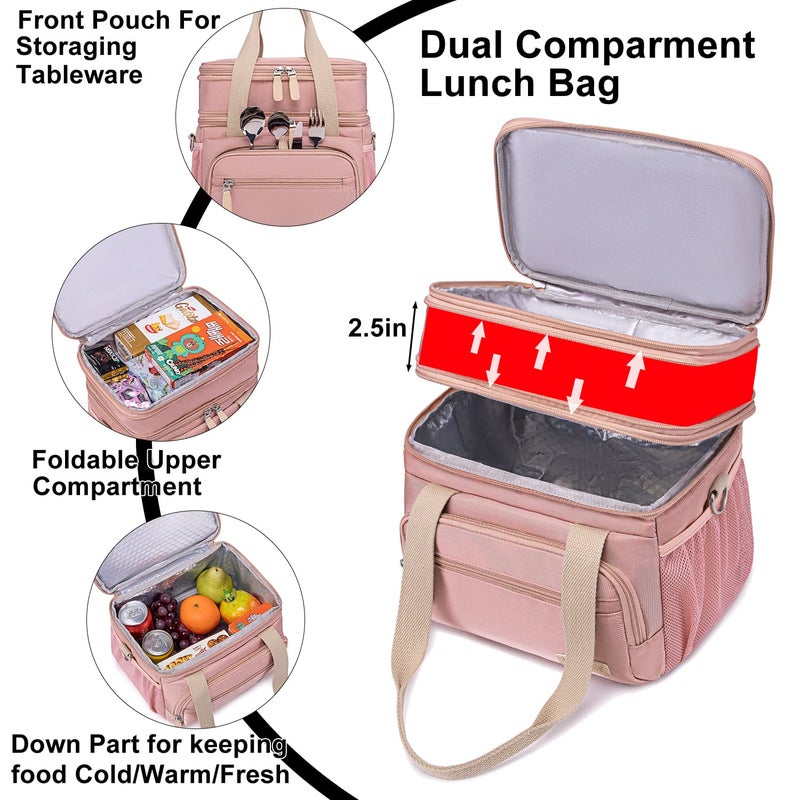 Weitars Lunch Bag for Women, Loncheras Para Mujer, Leakproof Insulated Large Lunchbox Dual Compartment Lunch Box Adult For Work Beach Picnic Hiking (15L) (Pink) - Image 4