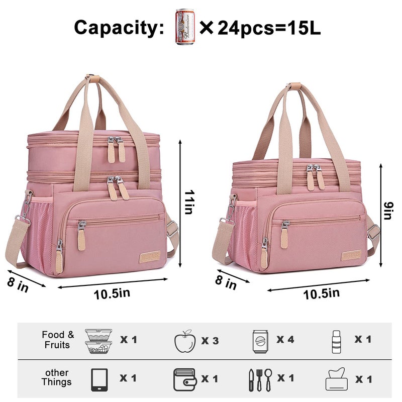 Weitars Lunch Bag for Women, Loncheras Para Mujer, Leakproof Insulated Large Lunchbox Dual Compartment Lunch Box Adult For Work Beach Picnic Hiking (15L) (Pink) - Image 3