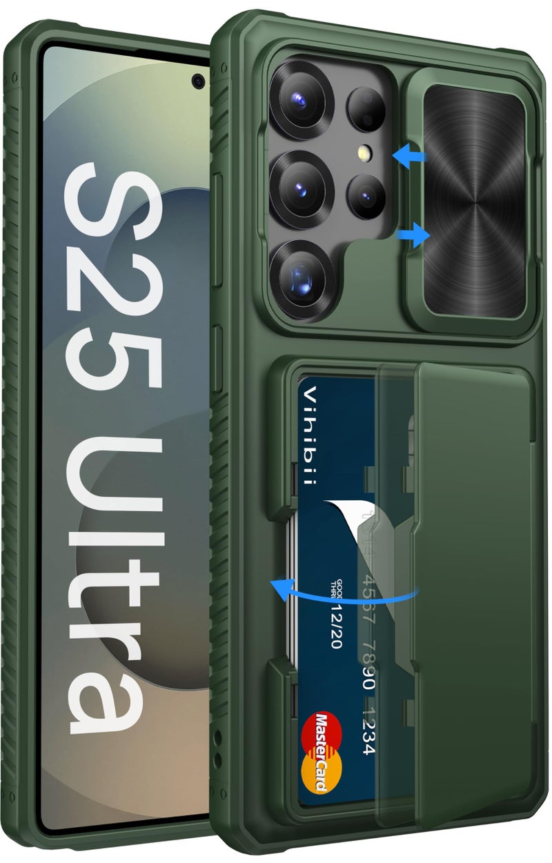 Vihibii for Samsung Galaxy S25 Ultra Wallet Case, Built-in Card Holder (4 Cards), [RFID Blocking] & Slide Lens Cover, Military Grade Drop Protection, Phone Case for Samsung Galaxy S25 Ultra, Green - Image 1