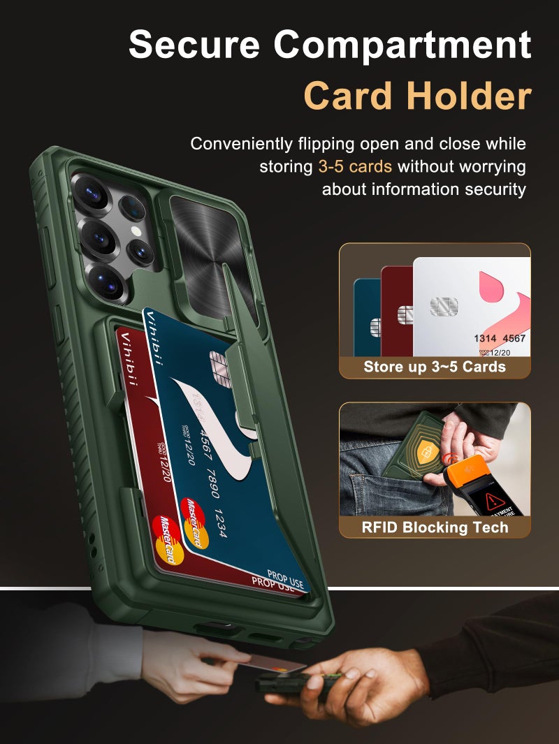 Vihibii for Samsung Galaxy S25 Ultra Wallet Case, Built-in Card Holder (4 Cards), [RFID Blocking] & Slide Lens Cover, Military Grade Drop Protection, Phone Case for Samsung Galaxy S25 Ultra, Green - Image 3