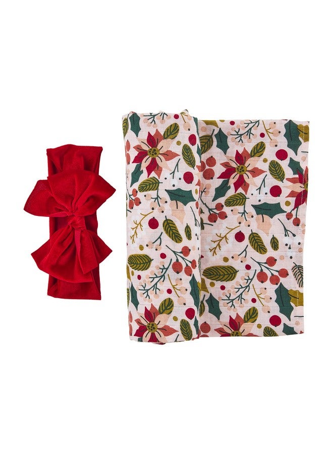 Mud Pie Baby Girl Christmas Swaddle and Headband Set, Pink Floral, 0-6 Months - Image 2