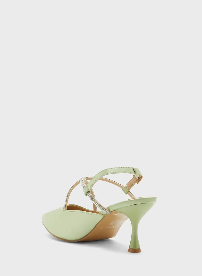 ايلا ليمتد اديشن Diamante Crossed Strap Satin Pointed Pump